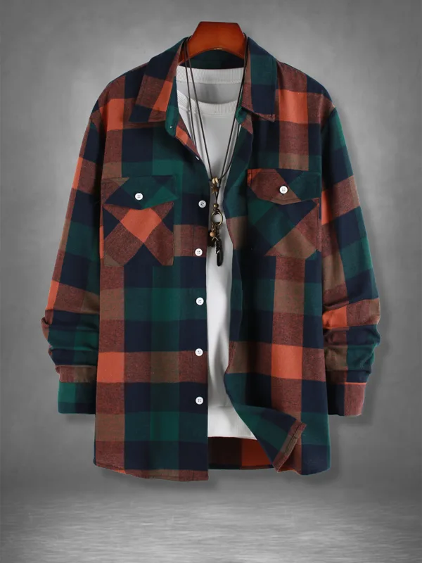 Mens Fashion Casual - Herenshirt van retro oranje-groen geruite flanel,