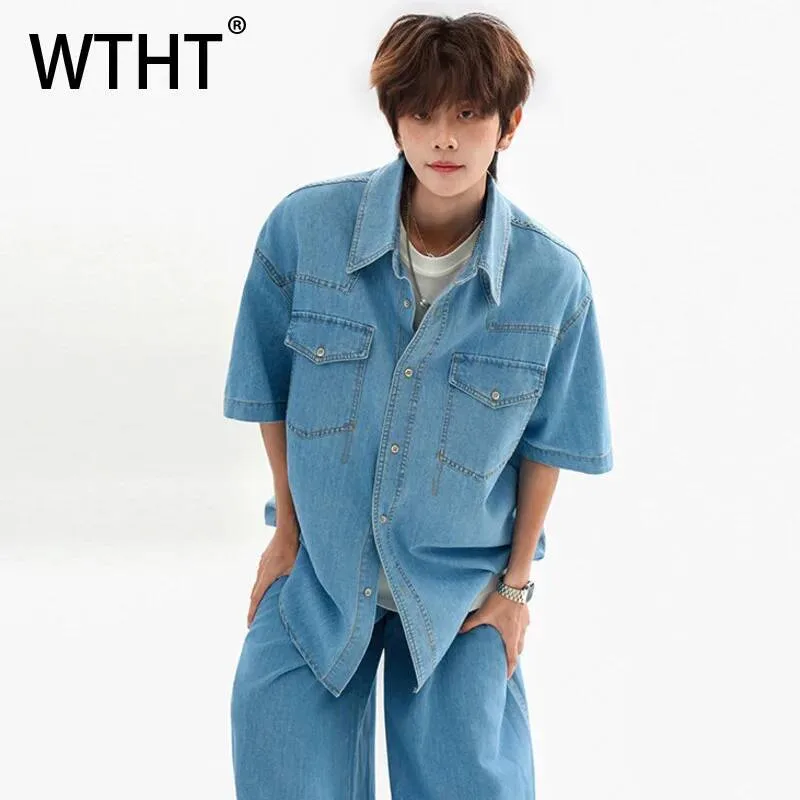 Jeans Shirt Fashion For Men - WTHT Mode heren Patchwork Zakken Losse